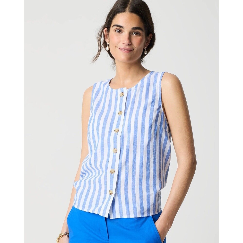 J.Crew Womens Large Striped Linen Button-Front Shell Top 2025 Coastal Beach NEW
